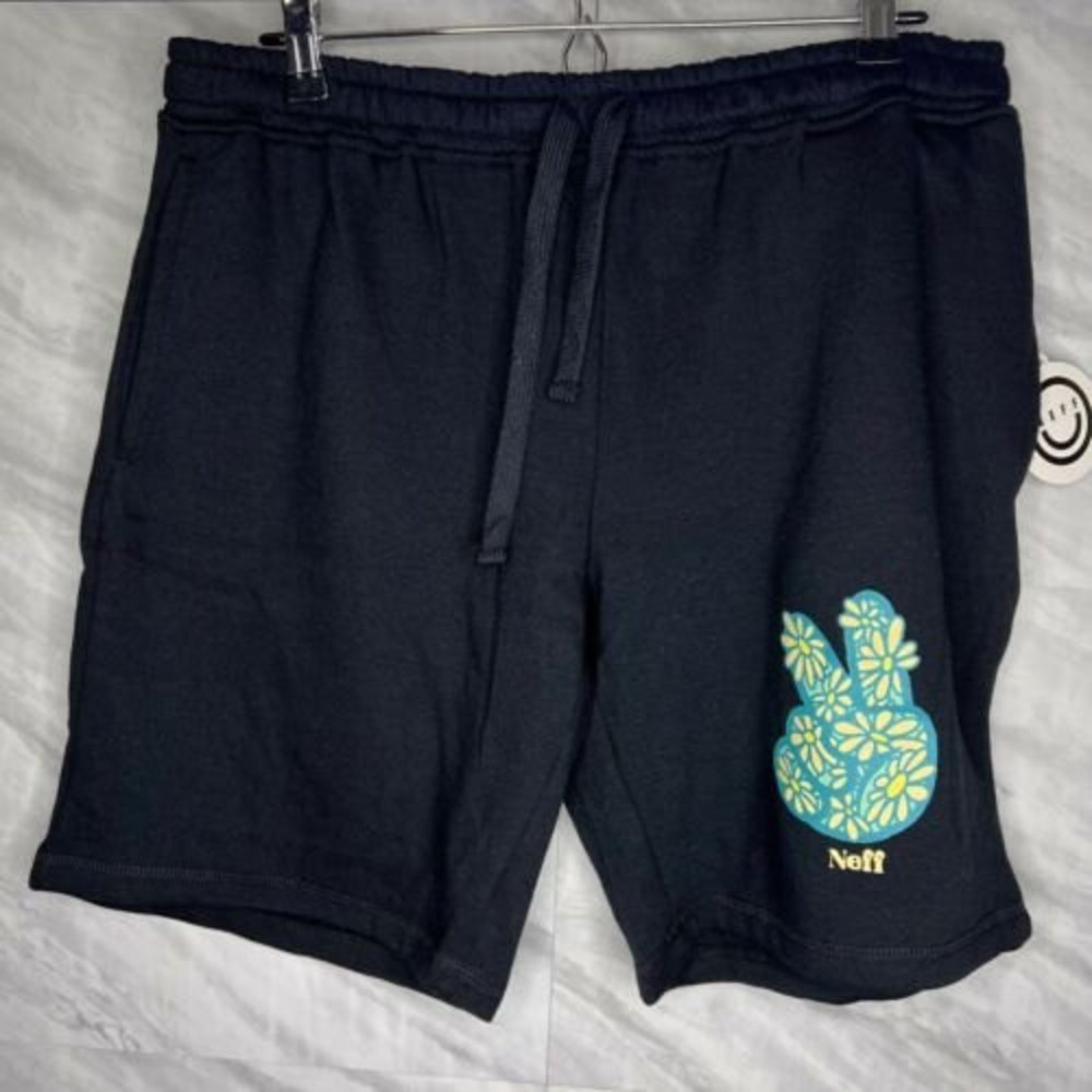 NEW NEFF PEACE Men Fleece Elastic Waist Sweat Shorts Black LARGE NWT